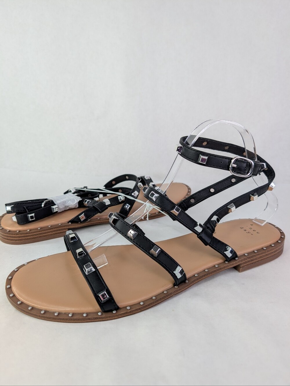 Vegan Black Faux Leather Studded Ankle Wrap Sandals Goth Rocker Festival